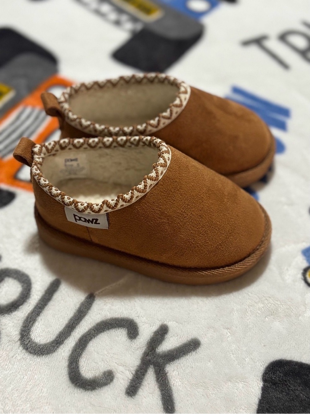 PAWZ Kids Tan Slip-On Fleece-Lined Slippers